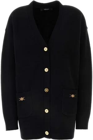 VERSACE Femme, Pulls, Noir, Taille: 36 FR Cardigan Noir en Laine Mélangée Élégant
