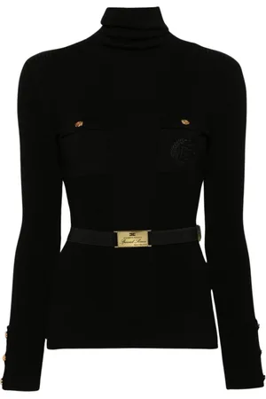 Elisabetta Franchi Femme, Tops, Noir, Taille: 38 FR Pull Noir à Côtes avec Col Montant