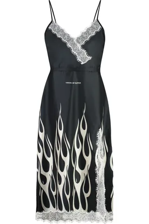 Vision Of Super Femme, Robes, Noir, Taille: 40 FR Robe Midi en Dentelle avec Imprimé Flammes