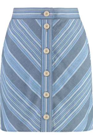 See by Chloé Femme, Jupes, Bleu, Taille: 38 FR Jupe en Lin à Rayures Boutonnée