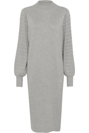 Kaffe Femme, Robes, Gris, Taille: 36 FR Robe en Tricot Gris Melange avec Fente Latérale