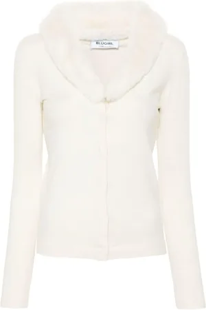 Blugirl Femme, Pulls, Blanc, Taille: 36 FR Cardigan Beige en Maille avec Col en Fausse Fourrure