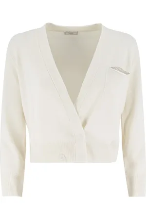 PESERICO SIGN Femme, Pulls, Blanc, Taille: 38 FR Cardigan avec décolleté plongeant et poche