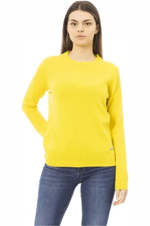 BALDININI Femme, Pulls, Jaune, Taille: 38 FR Manches Longues Col Rond Monogramme Détail Métallique