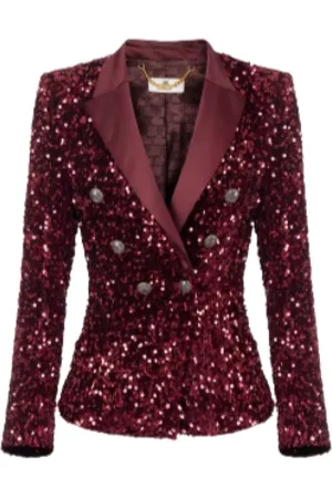 Elisabetta Franchi Femme, Vestes, Rouge, Taille: 40 FR Veste Bordeaux à Sequins Brodés