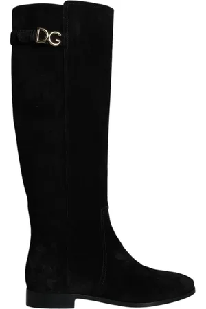 Dolce & Gabbana Femme, Chaussures, Noir, Taille: 37 EU Bottes Plates en Daim Noir au Genou