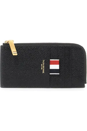 Thom Browne Homme, Accessoires, Noir, Taille: ONE Size Porte-cartes en cuir grainé avec ruban tricolore