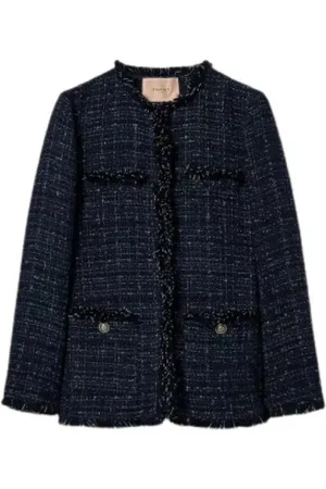 Twin-Set Femme, Vestes, Bleu, Taille: 40 FR Veste en Tissu Tressé avec Finition à Franges