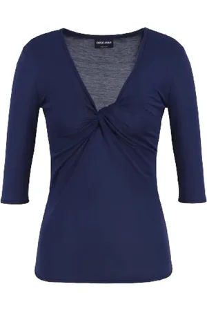 Giorgio Armani Femme, Blouses et Chemises, Bleu, Taille: 38 FR Pull bleu col en V avec détails Torchon