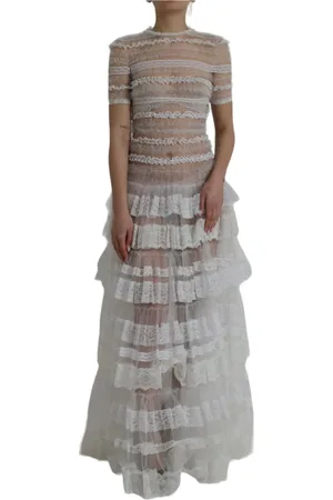 Dolce & Gabbana Femme, Robes, Blanc, Taille: 36 FR Robe Longue en Dentelle et Tulle Blanc