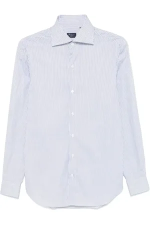 Finamore Homme, Chemises, Blanc, Taille: M Chemise à Rayures en Coton Blanc Bleu