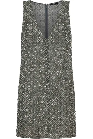 AMEN Femme, Robes, Gris, Taille: 38 FR Robe Grise Brodée de Cristaux et Perles