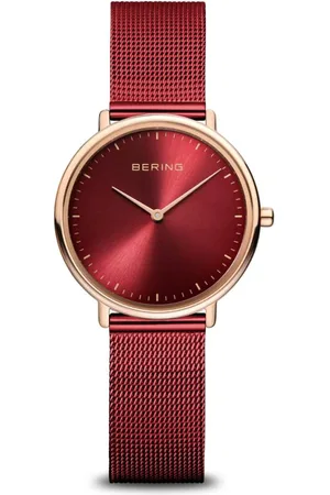 Bering Femme, Accessoires, Rouge, Taille: ONE Size Montre Femme Ultra Slim 29 mm Bracelet Maille 15729-363