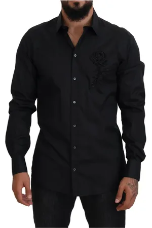 Dolce & Gabbana Homme, Chemises, Noir, Taille: M Chemise Noire Brodée de Rose
