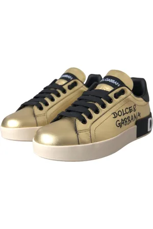 Dolce & Gabbana Femme, Chaussures, Jaune, Taille: 36 EU Baskets en Cuir Doré Style Portofino