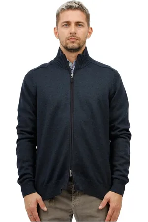 Gran Sasso Homme, Pulls, Bleu, Taille: 3XL Pull à fermeture éclair avec détails en Alcantara