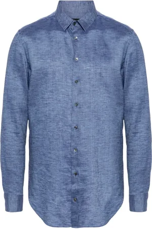 Giorgio Armani Homme, Chemises, Bleu, Taille: L Chemise Élégante Bleue en Lin