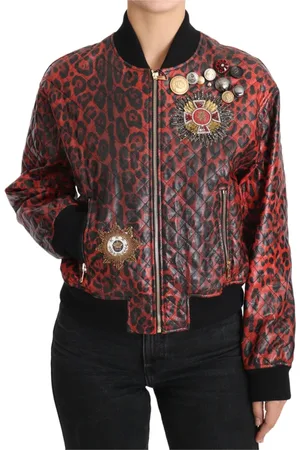 Dolce & Gabbana Femme, Vestes, Rouge, Taille: 38 FR Veste en Cuir Bomber Léopard Rouge avec Boutons en Cristal