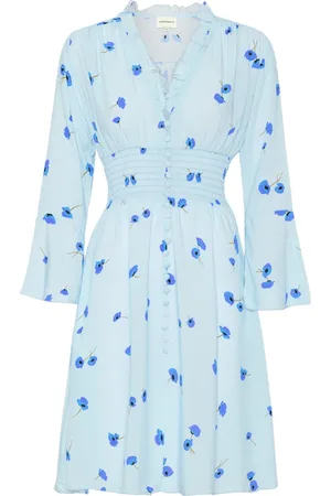 American Dreams Femme, Robes, Bleu, Taille: 44 FR Robe Courte Florale avec Taille Smockée