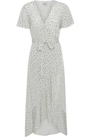American Dreams Femme, Robes, Gris, Taille: 36 FR Robe Portefeuille Bleue à Fleurs et Volants