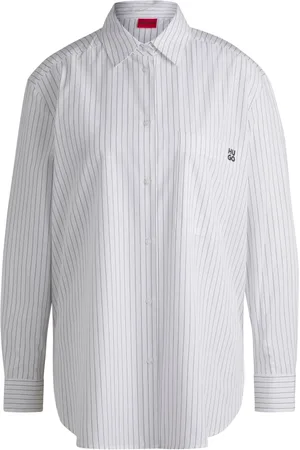 HUGO BOSS Femme, Blouses et Chemises, Blanc, Taille: 38 FR Chemise Oversize Rayée avec Imprimé Papillon