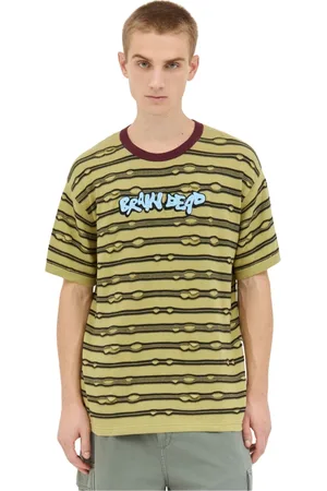 Brain Dead Homme, Tops, Vert, Taille: L T-shirt Rayé Brodé en Tricot de Coton