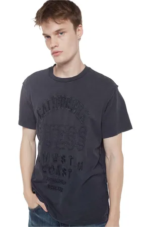Guess Homme, Tops, Bleu, Taille: XS T-shirt en coton avec logo brodé