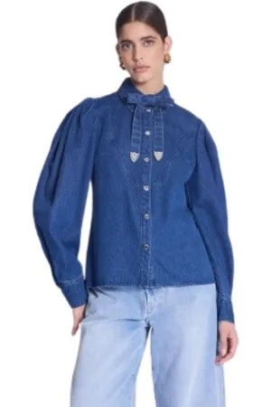 Berenice Femme, Blouses et Chemises, Bleu, Taille: 40 FR Chemise en Denim avec au Cou