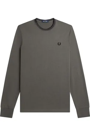 Fred Perry Homme, Tops, Vert, Taille: S T-shirt à Manches Longues en Coton avec Bordure Rayée