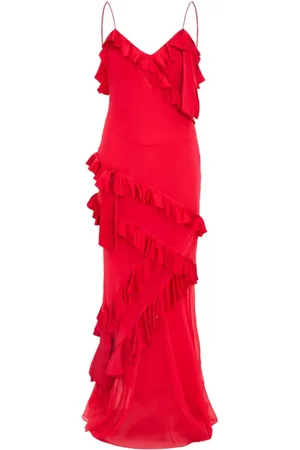 LOVESHACKFANCY Femme, Robes, Rouge, Taille: 40 FR Robe Longue en Soie à Volants Rialto