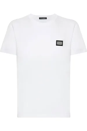 Dolce & Gabbana Homme, Tops, Blanc, Taille: S T-shirts en Coton Blanc avec Logo Plaque