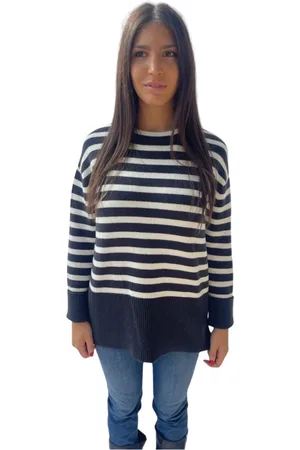 Gran Sasso Femme, Pulls, Bleu, Taille: 42 FR Pulls à rayures avec col rond et poignets contrastants