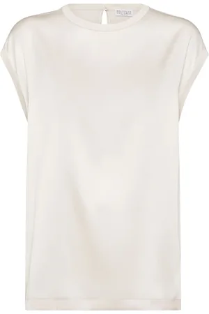 Brunello Cucinelli Femme, Blouses et Chemises, Blanc, Taille: 36 FR Pull en Soie Stretch avec Détail Monile