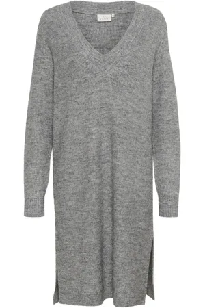 Kaffe Femme, Robes, Gris, Taille: 42 FR Robe en Maille Gris Chiné avec Col en V