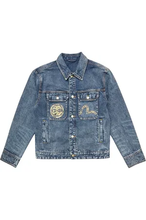 Evisu Homme, Vestes, Bleu, Taille: L Veste en Denim avec Appliqué Brocart Broderie de Carpe