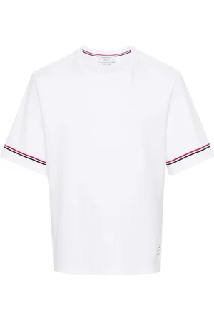 Thom Browne Homme, Tops, Blanc, Taille: XL T-shirt rayé en coton avec logo