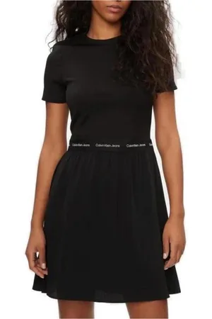 Calvin Klein Femme, Robes, Noir, Taille: 36 FR Robe Noire à Manches Courtes Imprimée