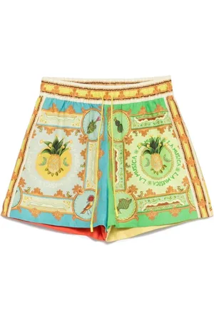 ALÉMAIS Femme, Shorts, Multicolore, Taille: 36 FR Shorts en Lin à Blocs de Couleur avec Impression Graphique