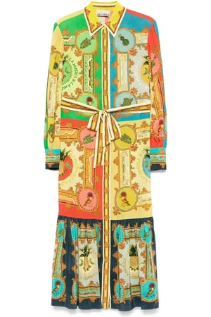 ALÉMAIS Femme, Robes, Multicolore, Taille: 34 FR Robe en Soie Verte à Imprimé Graphique