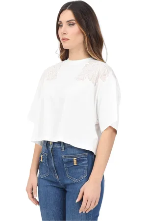 Elisabetta Franchi Femme, Blouses et Chemises, Blanc, Taille: 36 FR T-shirt court moderne avec dentelle florale