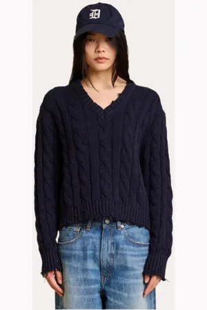 Denimist Femme, Pulls, Bleu, Taille: 42 FR Pull col V bleu marine