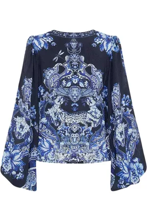Camilla Femme, Blouses et Chemises, Bleu, Taille: 40 FR Chemisier Delft Dynasty à encolure en V et manches bouffantes