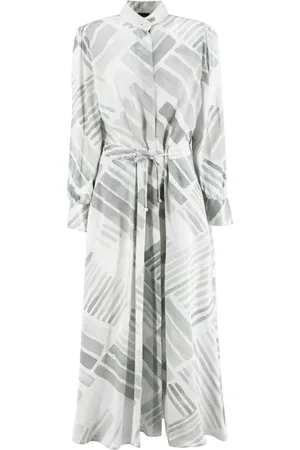 Kiton Femme, Robes, Gris, Taille: 38 FR Robe en Soie Imprimée Col Mandarin