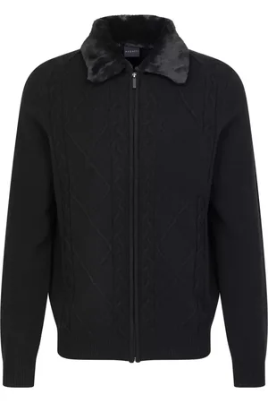 Bugatti Homme, Pulls, Noir, Taille: S Veste bleue en mélange de laine avec col en fausse fourrure
