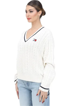 Tommy Hilfiger Femme, Pulls, Blanc, Taille: 40 FR Pull Crème à Col en V