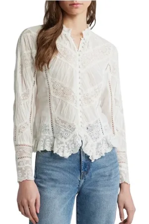 LOVESHACKFANCY Femme, Blouses et Chemises, Blanc, Taille: 42 FR Chemisier en Voile de Coton Brodé de Dentelle