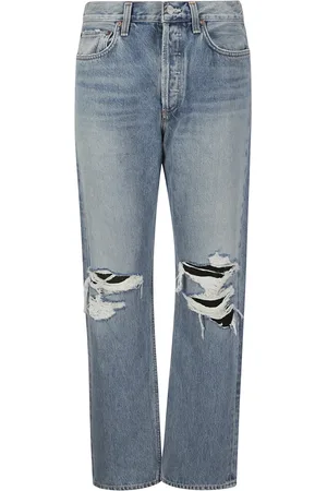 AGOLDE Femme, Jeans, Bleu, Taille: W26 Jean Taille Haute Droit avec Déchirures aux Genoux