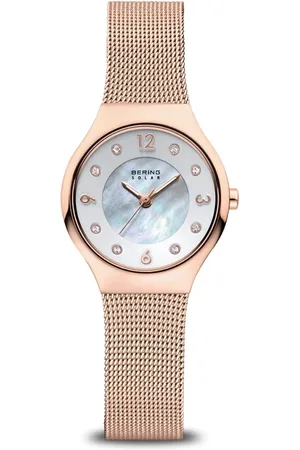 Bering Femme, Accessoires, Jaune, Taille: ONE Size Montre solaire pour femme en or rose avec cadran nacre 14427-366