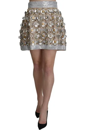 Dolce & Gabbana Femme, Jupes, Gris, Taille: 38 FR Mini-jupe taille haute argentée ornée