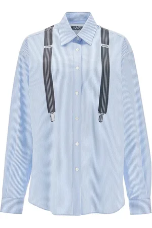 Moschino Femme, Blouses et Chemises, Bleu, Taille: 38 FR Chemise Rayée Bleue avec Bretelles Décoratives